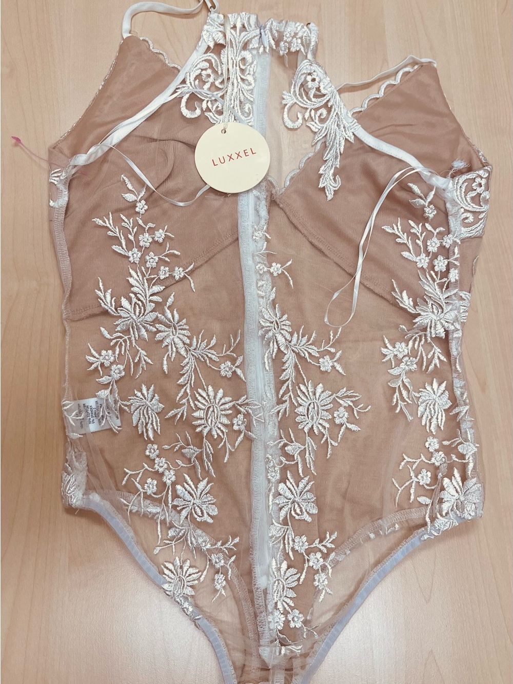 Luxxel Nude Bodysuit with Ivory Floral Embroidery - Picture 2 of 3